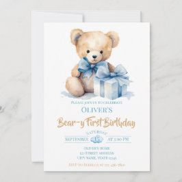 Watercolor Teddy Bear Bear-y First Birthday Party Kaart
