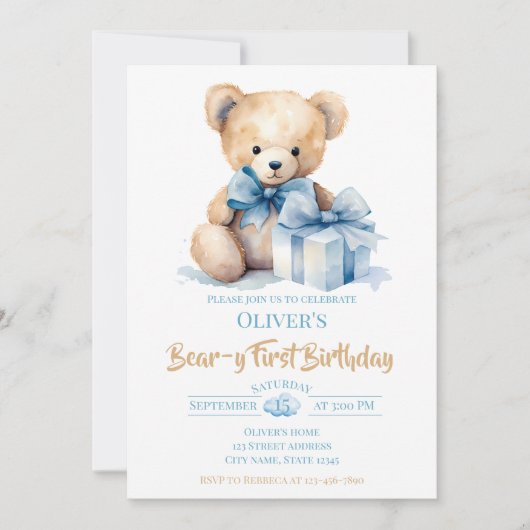 Watercolor Teddy Bear Bear-y First Birthday Party Kaart (Voorkant)
