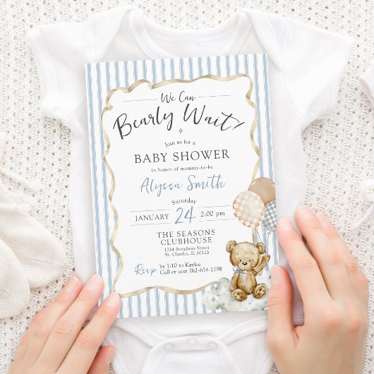 Watercolor Teddy Bear Bearly Wait Baby Boy Shower Kaart