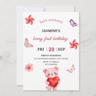 Watercolor Teddy Bear Girl 1st Birthday Invitation Kaart