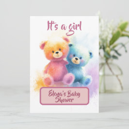 Watercolor Teddy Bear Girl Shower Pastel Card Feestdagenkaart