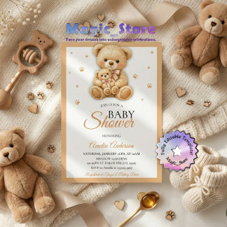Watercolor Teddy Bear Mommy Cub Paws Baby Shower Kaart