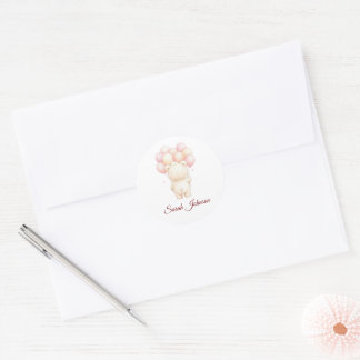 Watercolor Teddy Bear Pink Balloons Baby Shower Ronde Sticker