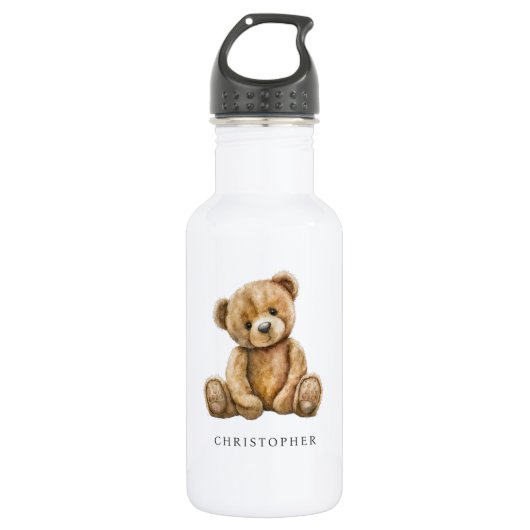 Watercolor Teddybeer Kinderen Naam Waterfles (Voorkant)