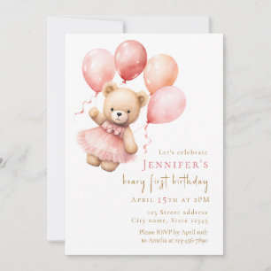 Watercolor Teddybeer Meisje 1e Verjaardag Kaart