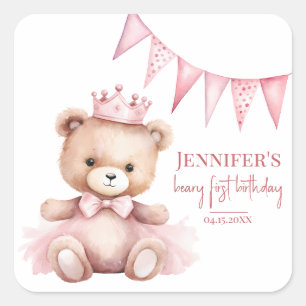 Watercolor Teddybeer Meisje 1e Verjaardag Stickers