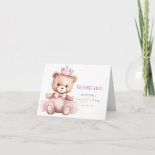 Watercolor Teddybeer Meisje 1e Verjaardagsuitnodig Bedankkaart