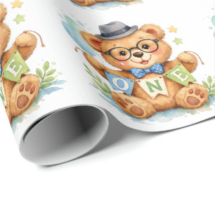 Watercolor Teddybeer met ONE-spandoek Verjaardag Cadeaupapier