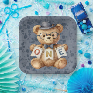 Watercolor teddybeer met ONE-spandoek verjaardag Papieren Bordje