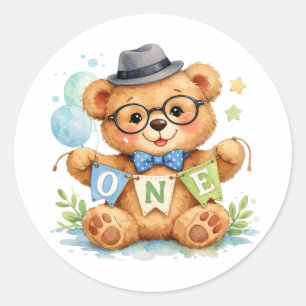 Watercolor teddybeer met ONE-spandoek verjaardag Ronde Sticker