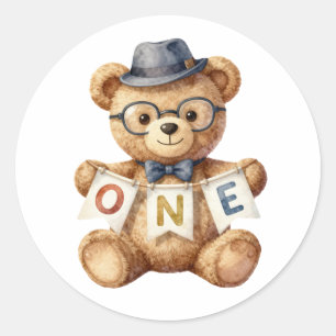 Watercolor teddybeer met ONE-spandoek verjaardag Ronde Sticker
