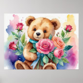 Watercolor Teddybeer met Rozen Print Poster (Voorkant)