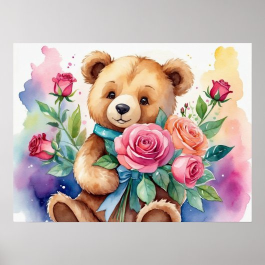 Watercolor Teddybeer met Rozen Print Poster (Voorkant)
