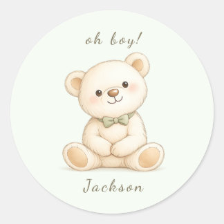 Watercolor Teddybeer Oh Boy Baby Shower  Ronde Sticker