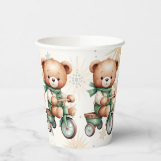 Watercolor Teddydbeer Stunt op Groene Fietsfeestje Papieren Bekers