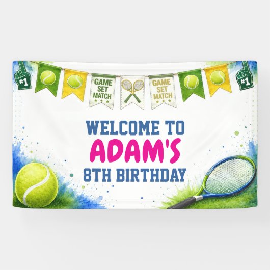 Watercolor tennis verjaardagsfeestbanner spandoek (Horizontaal)
