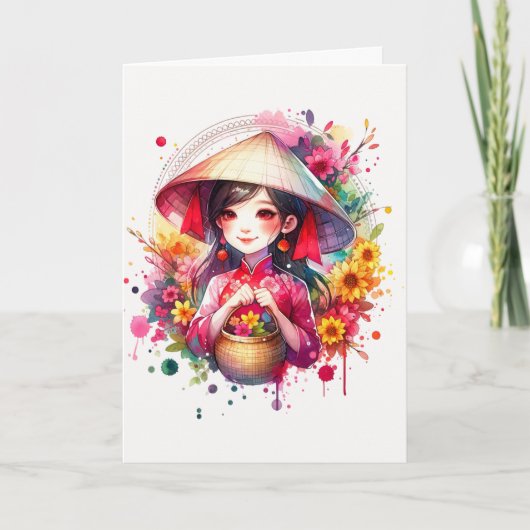 Watercolor Tet Meisje Feestdagen Kaart (Voorkant)