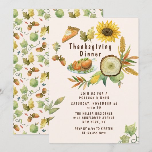 Watercolor Thanksgiving-dinerfeest Kaart (Voorkant / Achterkant)