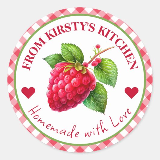 Watercolor Thuisgemaakte Gingham Framboos Label (Voorkant)