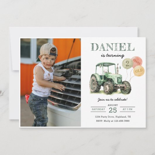 Watercolor Tractor 2de verjaardagsfeestje foto Kaart (Voorkant)