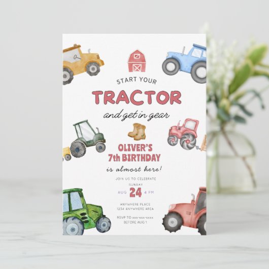 Watercolor tractor 7e verjaardag kaart (Staand voorkant)