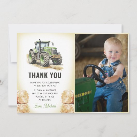 Watercolor Tractor Verjaardagsfeest Foto Bedankkaart (Voorkant)
