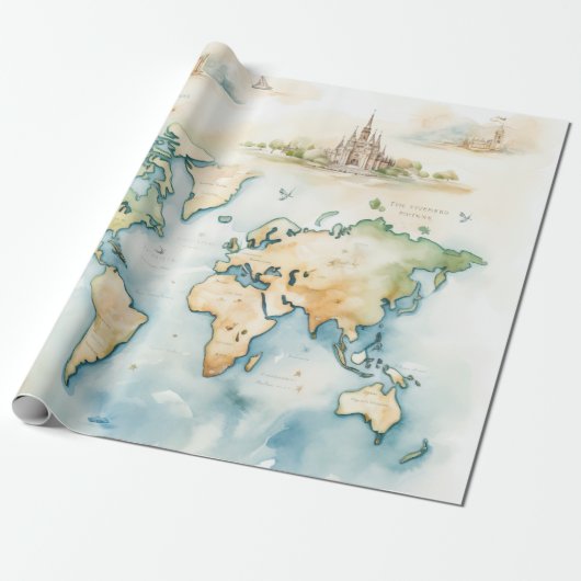 Watercolor Travel Map Cadeaupapier (Uitgerold)