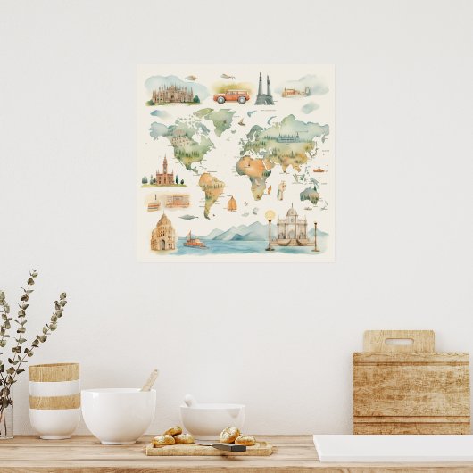 Watercolor Travel Map Poster (Keuken)