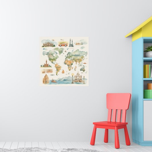 Watercolor Travel Map Poster (Kinderkamer 1)