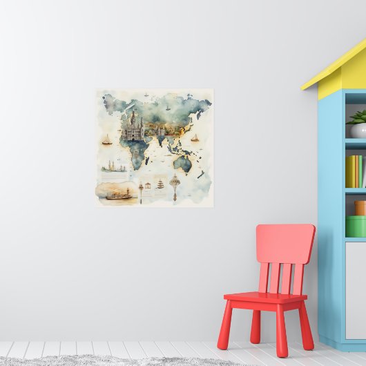 Watercolor Travel Map Poster (Kinderkamer 1)