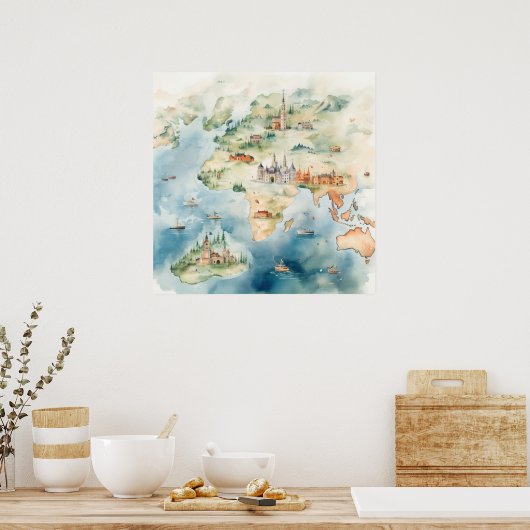 Watercolor Travel Map Poster (Keuken)