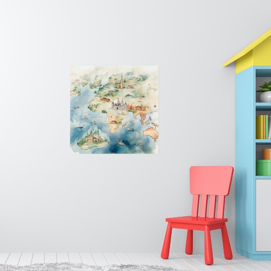 Watercolor Travel Map Poster (Kinderkamer 1)