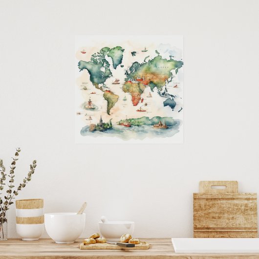 Watercolor Travel Map Poster (Keuken)