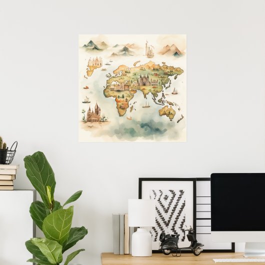 Watercolor Travel Map Poster (Thuiskantoor)