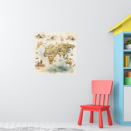 Watercolor Travel Map Poster (Kinderkamer 1)