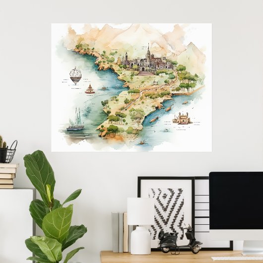 Watercolor Travel Map Poster (Thuiskantoor)