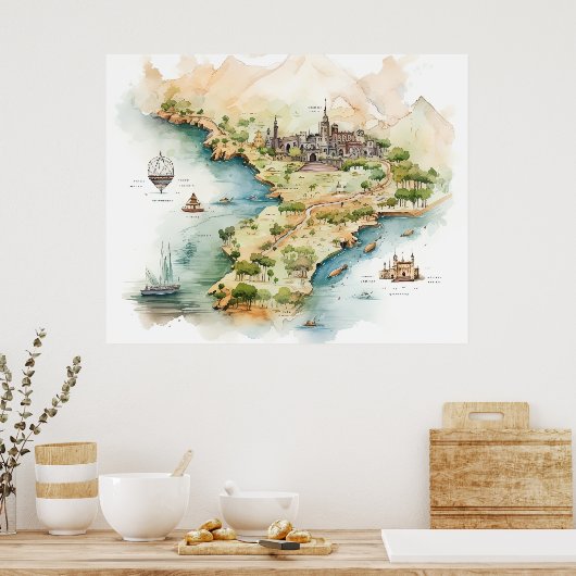 Watercolor Travel Map Poster (Keuken)