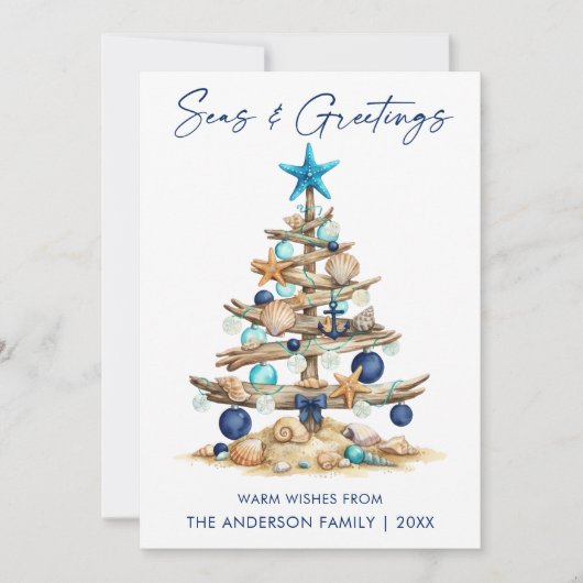 Watercolor Tree Seas and Greetings Beach Feestdagenkaart (Voorkant)