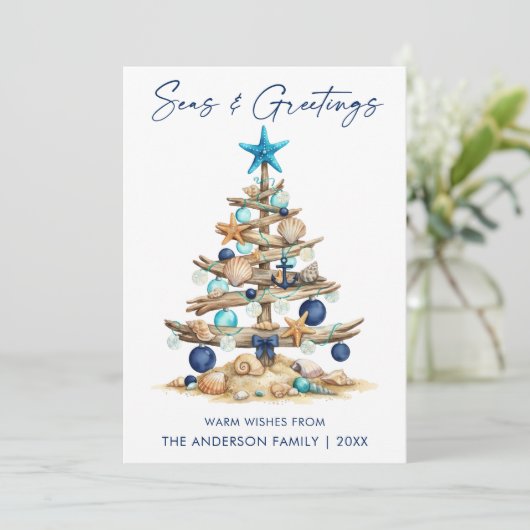 Watercolor Tree Seas and Greetings Beach Feestdagenkaart (Staand voorkant)