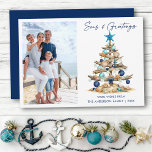 Watercolor Tree Seas and Greetings Photo Beach Feestdagenkaart<br><div class="desc">Modern Minimalist Elegance Calligraphy Ink Pen Handwritten Script Seas & Greetings Coastal Holiday Card includes a Watercolor Christmas Tree make of beach ocean driftwood,  seashells,  sand dollars,  nautical anchor ornament and topped with a starfish. Navy Blue Text. Photo Front.</div>