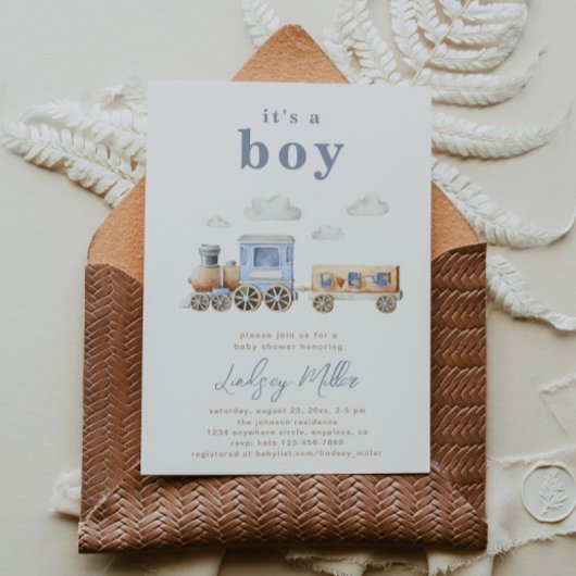 Watercolor Trein Baby Shower Uitnodiging