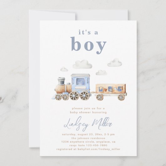 Watercolor Trein Baby Shower Uitnodiging (Voorkant)