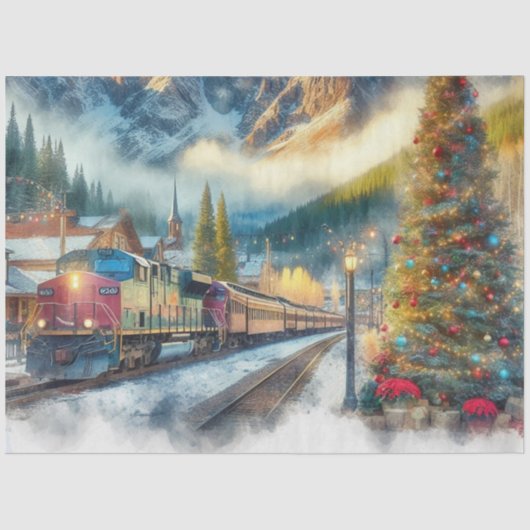 Watercolor Trein en Kerstboom Vloeipapier Tissuepapier (Voorkant)