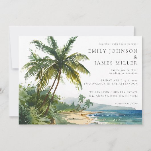 Watercolor Tropical Beach All In One Wedding Kaart (Voorkant)