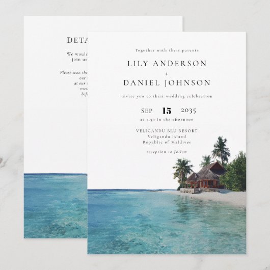 Watercolor Tropical Beach QR Code Wedding Kaart (Voorkant / Achterkant)