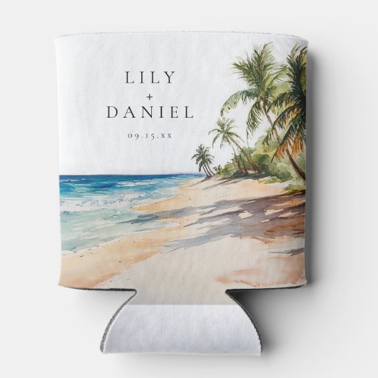Watercolor Tropical Beach Wedding Blikjeskoeler (Achterkant)