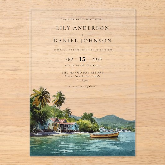 Watercolor Tropical Caribbean Destination Wedding Acryl Uitnodigingen (Voorkant)