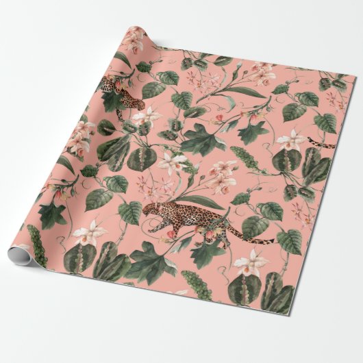 Watercolor tropical exotic pattern with orchid, gr cadeaupapier (Uitgerold)