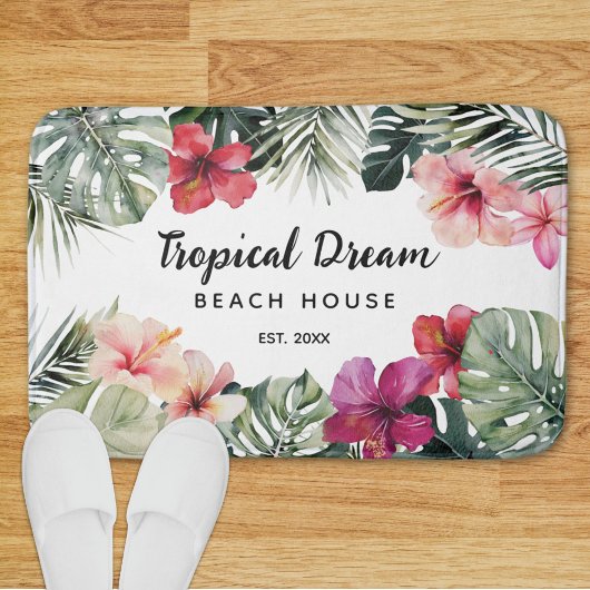 Watercolor Tropical Floral Botanical Beach House Badmat