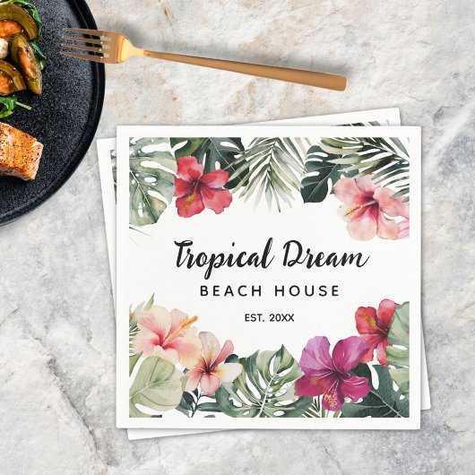 Watercolor Tropical Floral Botanical Beach House Servet